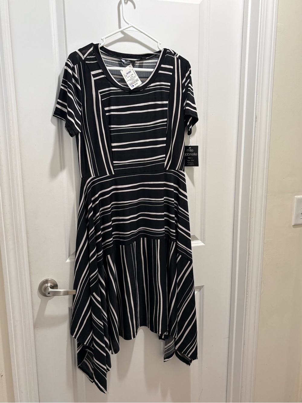 Mlle Gabrielle Black & White Asymmetrical Striped Handkerchief-Hem Dress